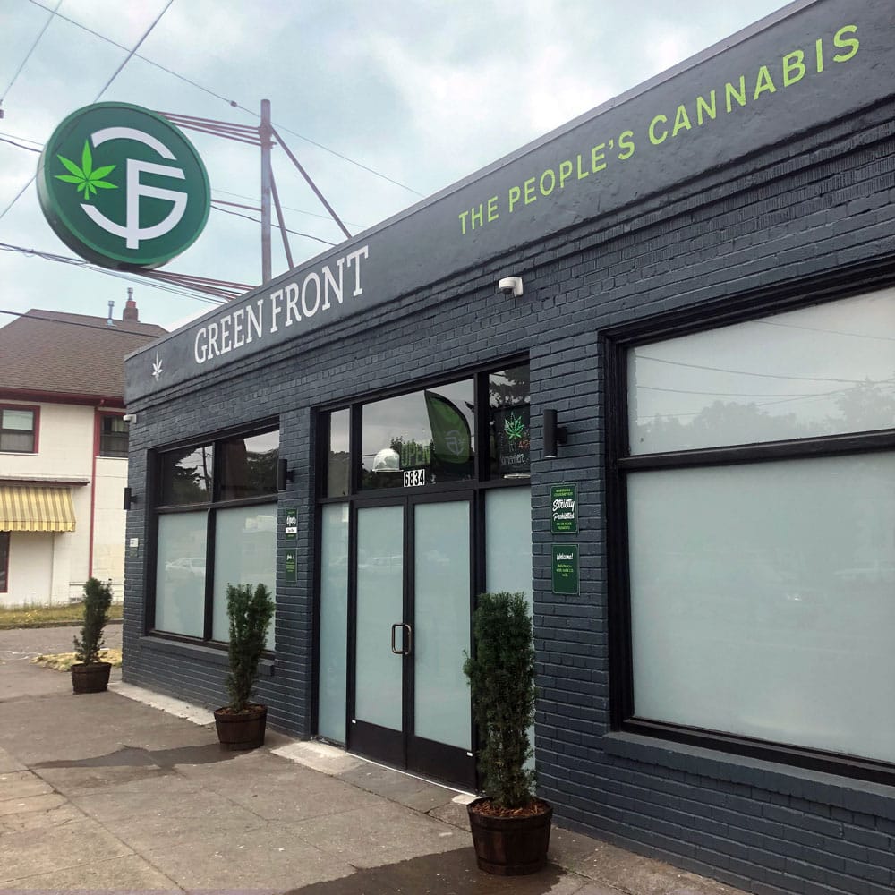 Green Front Dispensary store front on Sandy Blvd in Portland, Oregon